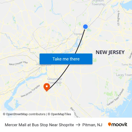 Mercer Mall at Bus Stop Near Shoprite to Pitman, NJ map