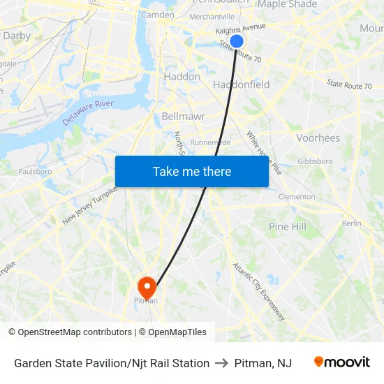 Garden State Pavilion/Njt Rail Station to Pitman, NJ map