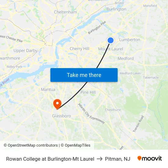 Rowan College at Burlington-Mt Laurel to Pitman, NJ map