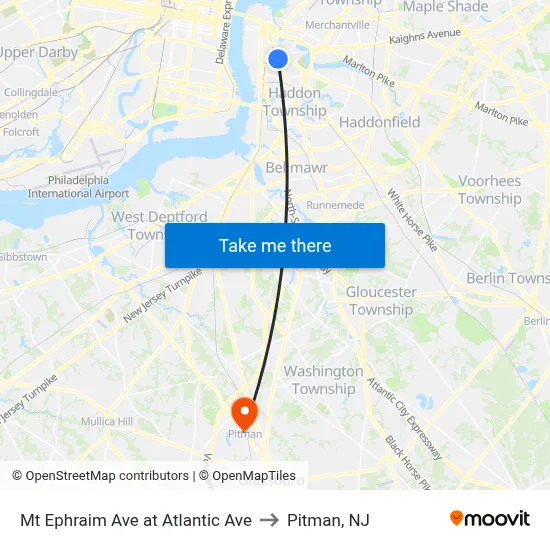 Mt Ephraim Ave at Atlantic Ave to Pitman, NJ map