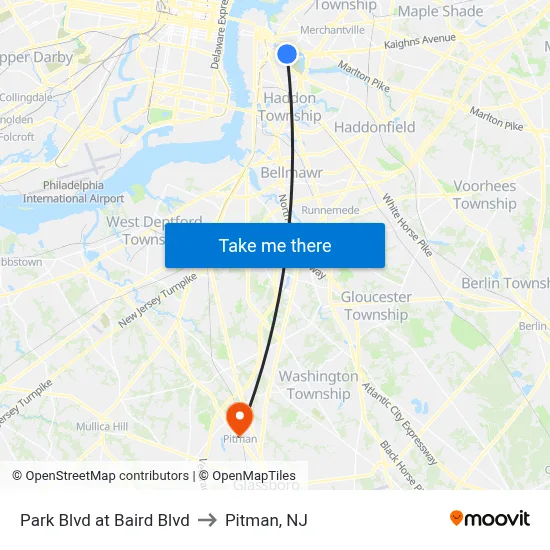 Park Blvd at Baird Blvd to Pitman, NJ map