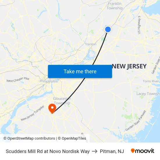Scudders Mill Rd at Novo Nordisk Way to Pitman, NJ map