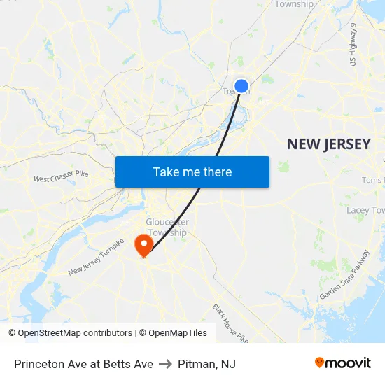Princeton Ave at Betts Ave to Pitman, NJ map