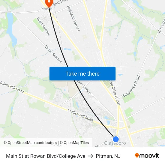 Main St at Rowan Blvd/College Ave to Pitman, NJ map