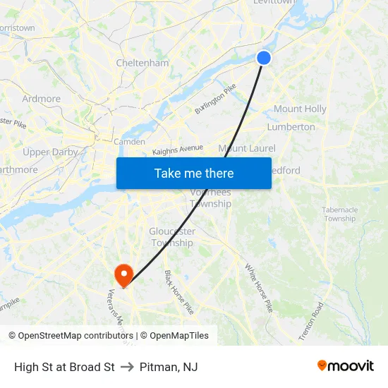 High St at Broad St to Pitman, NJ map