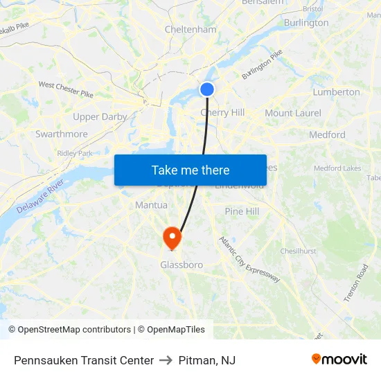 Pennsauken Transit Center to Pitman, NJ map