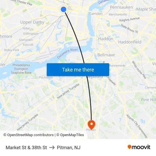 Market St & 38th St to Pitman, NJ map