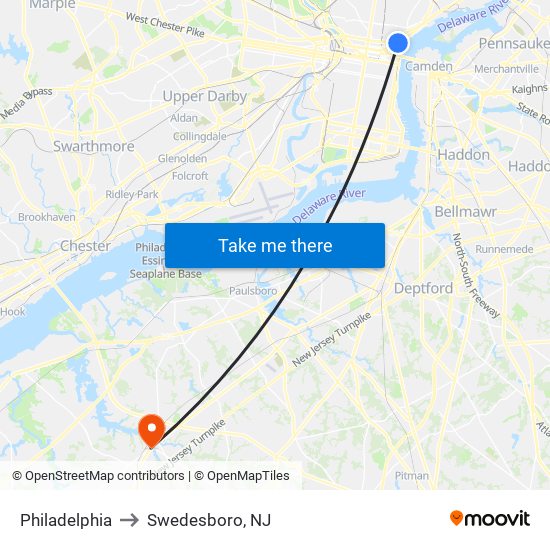 Philadelphia to Swedesboro, NJ map