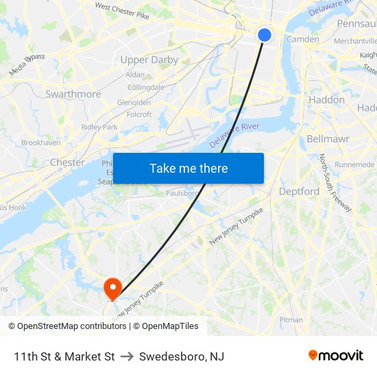 11th St & Market St to Swedesboro, NJ map