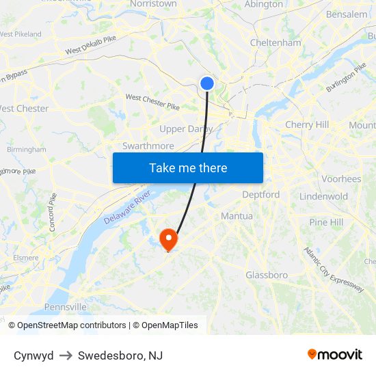 Cynwyd to Swedesboro, NJ map