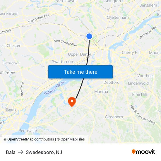 Bala to Swedesboro, NJ map