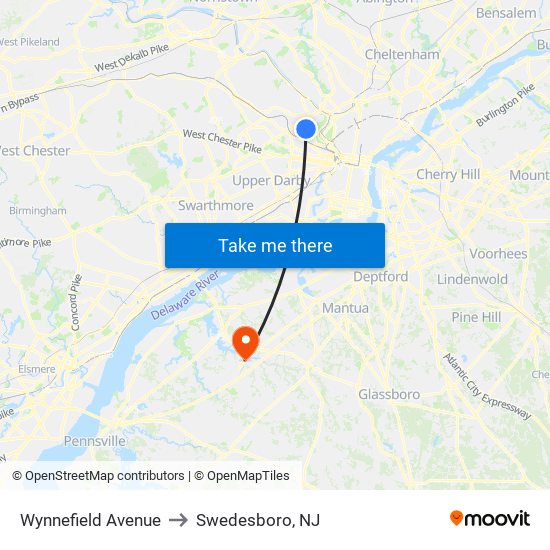 Wynnefield Avenue to Swedesboro, NJ map