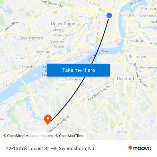 12-13th & Locust St to Swedesboro, NJ map