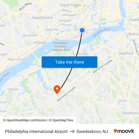 Philadelphia International Airport to Swedesboro, NJ map