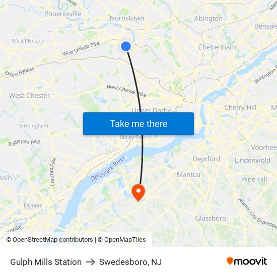 Gulph Mills Station to Swedesboro, NJ map