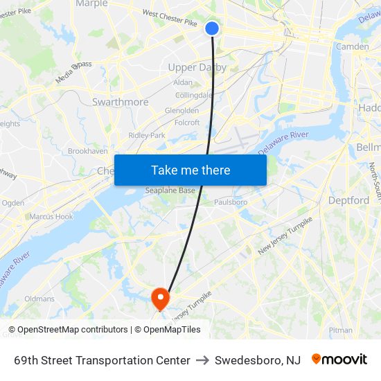 69th Street Transportation Center to Swedesboro, NJ map