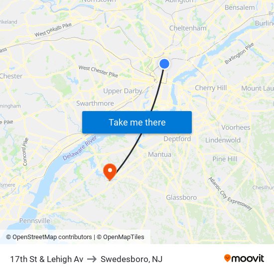 17th St & Lehigh Av to Swedesboro, NJ map
