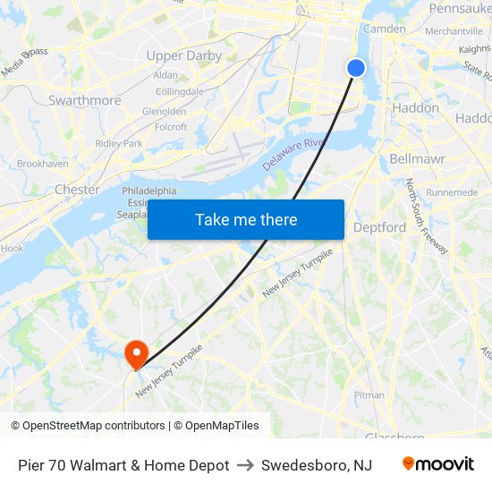 Pier 70 Walmart & Home Depot to Swedesboro, NJ map
