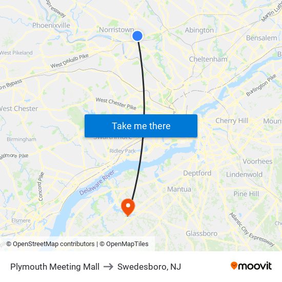 Plymouth Meeting Mall to Swedesboro, NJ map