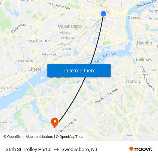 36th St Trolley Portal to Swedesboro, NJ map