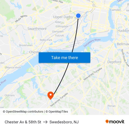 Chester Av & 58th St to Swedesboro, NJ map