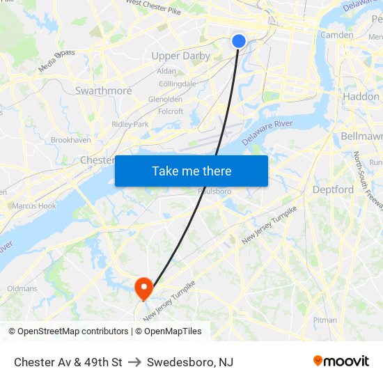 Chester Av & 49th St to Swedesboro, NJ map