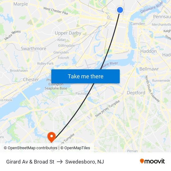 Girard Av & Broad St to Swedesboro, NJ map