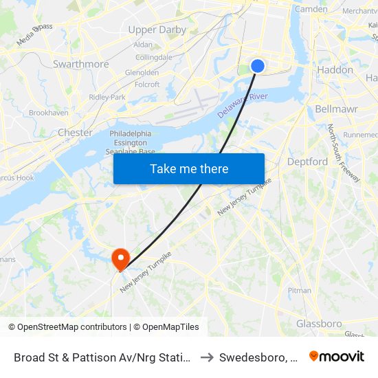 Broad St & Pattison Av/Nrg Station to Swedesboro, NJ map