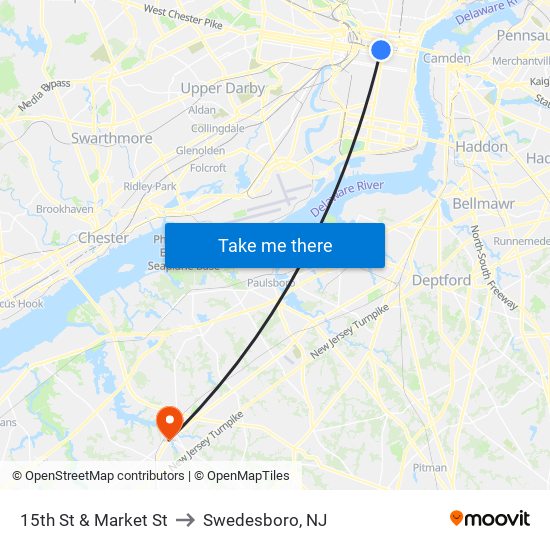 15th St & Market St to Swedesboro, NJ map