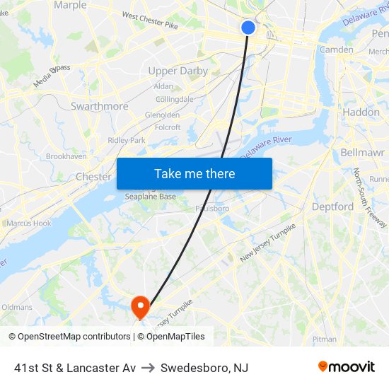 41st St & Lancaster Av to Swedesboro, NJ map