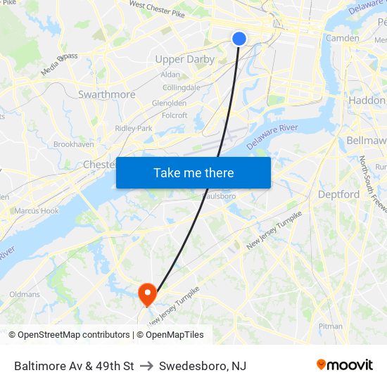 Baltimore Av & 49th St to Swedesboro, NJ map