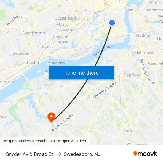 Snyder Av & Broad St to Swedesboro, NJ map