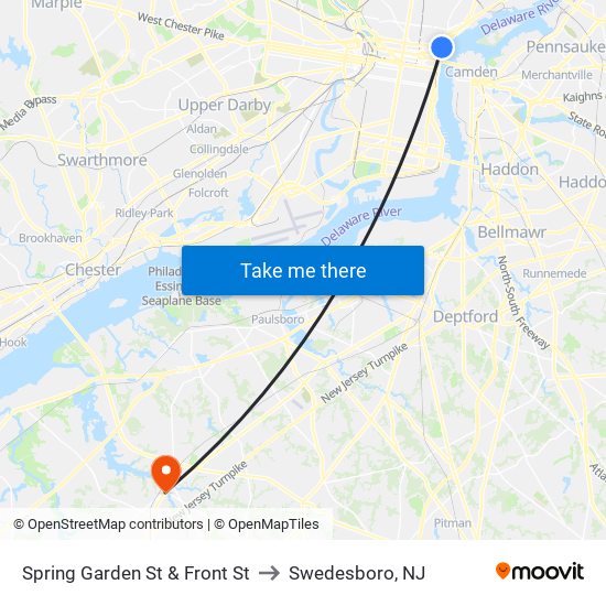 Spring Garden St & Front St to Swedesboro, NJ map