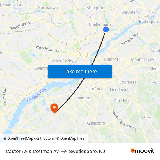 Castor Av & Cottman Av to Swedesboro, NJ map