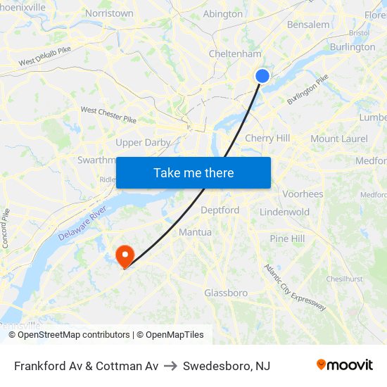 Frankford Av & Cottman Av to Swedesboro, NJ map