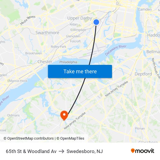 65th St & Woodland Av to Swedesboro, NJ map