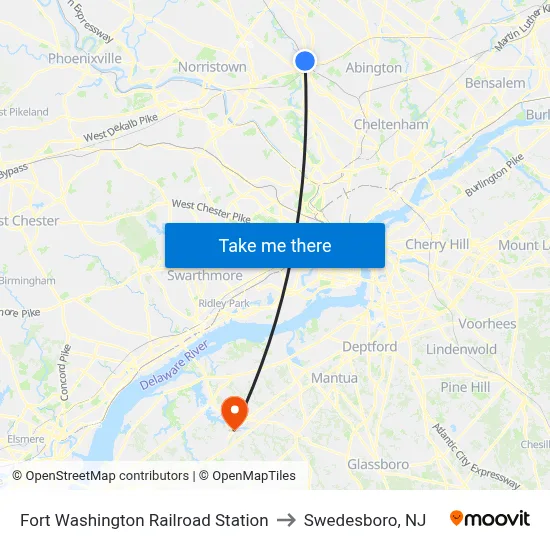Fort Washington Railroad Station to Swedesboro, NJ map