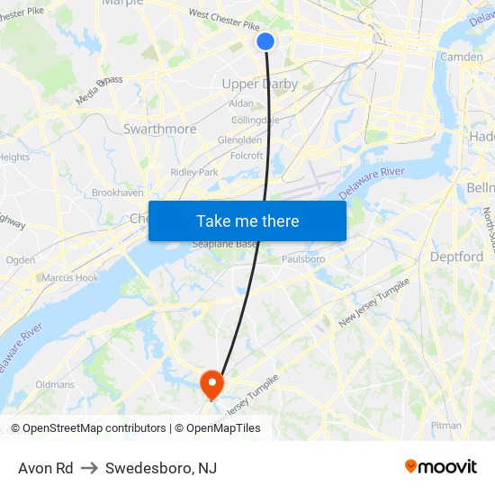 Avon Rd to Swedesboro, NJ map