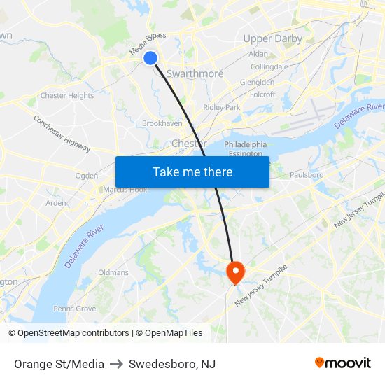 Orange St/Media to Swedesboro, NJ map