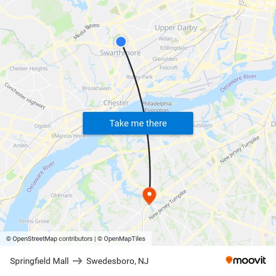 Springfield Mall to Swedesboro, NJ map