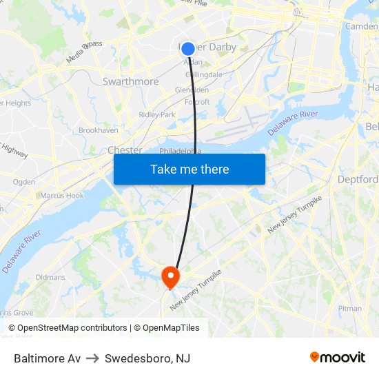 Baltimore Av to Swedesboro, NJ map