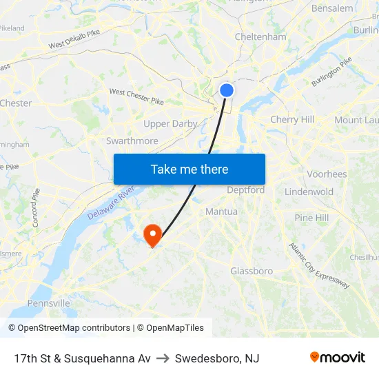 17th St & Susquehanna Av to Swedesboro, NJ map