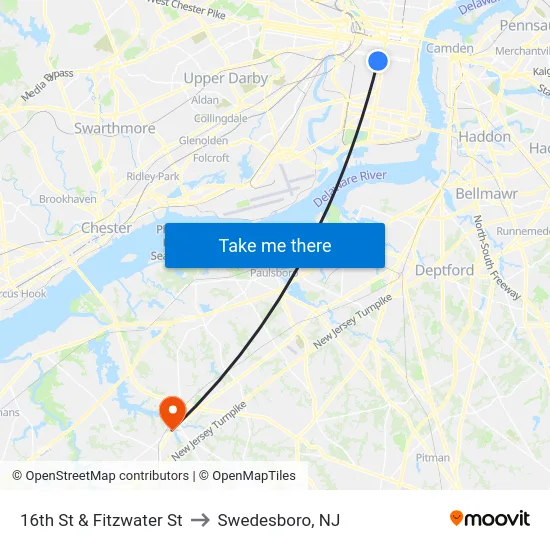 16th St & Fitzwater St to Swedesboro, NJ map