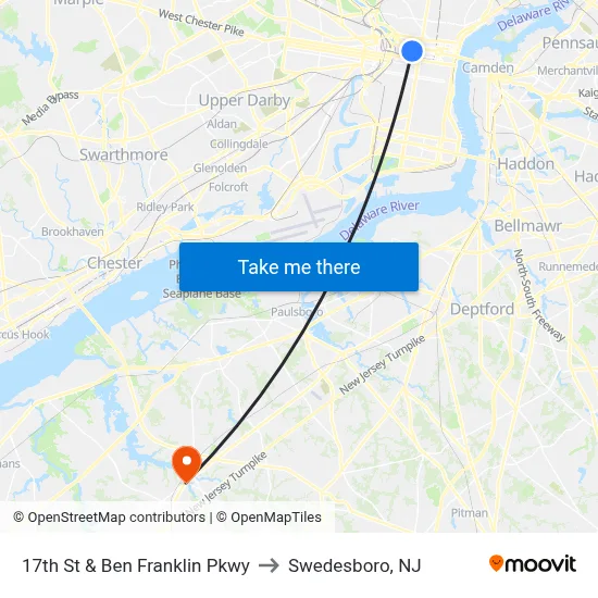 17th St & Ben Franklin Pkwy to Swedesboro, NJ map