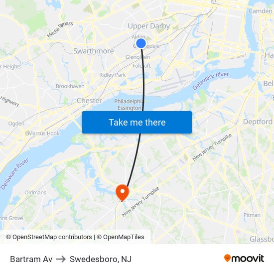 Bartram Av to Swedesboro, NJ map