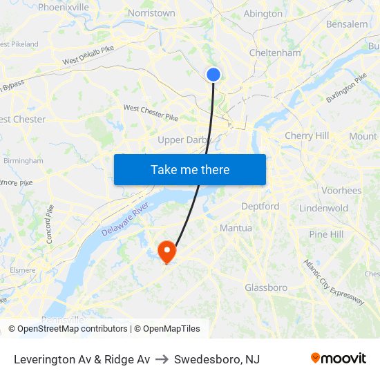 Leverington Av & Ridge Av to Swedesboro, NJ map