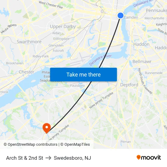 Arch St & 2nd St to Swedesboro, NJ map