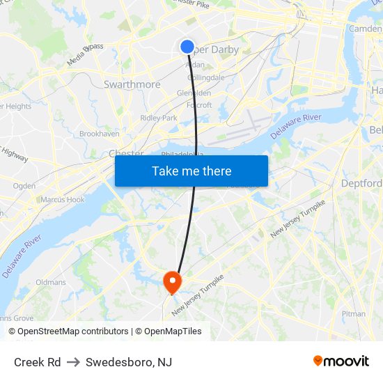 Creek Rd to Swedesboro, NJ map