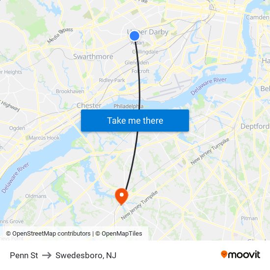 Penn St to Swedesboro, NJ map