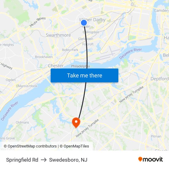 Springfield Rd to Swedesboro, NJ map